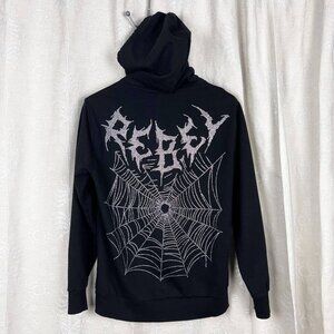 Rebel Vengeance rhinestone spiderweb sweatshirt hoodie black cotton blend
